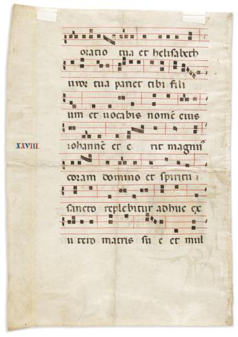 Manuscript Leaf with Music & Illuminated Initial. Single Parchment Leaf from a Gradual.